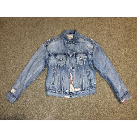 POLO RALPH LAUREN Denim Jacket Stars Patches Distressed Destroyed Equestrian XS - Picture 3 of 15